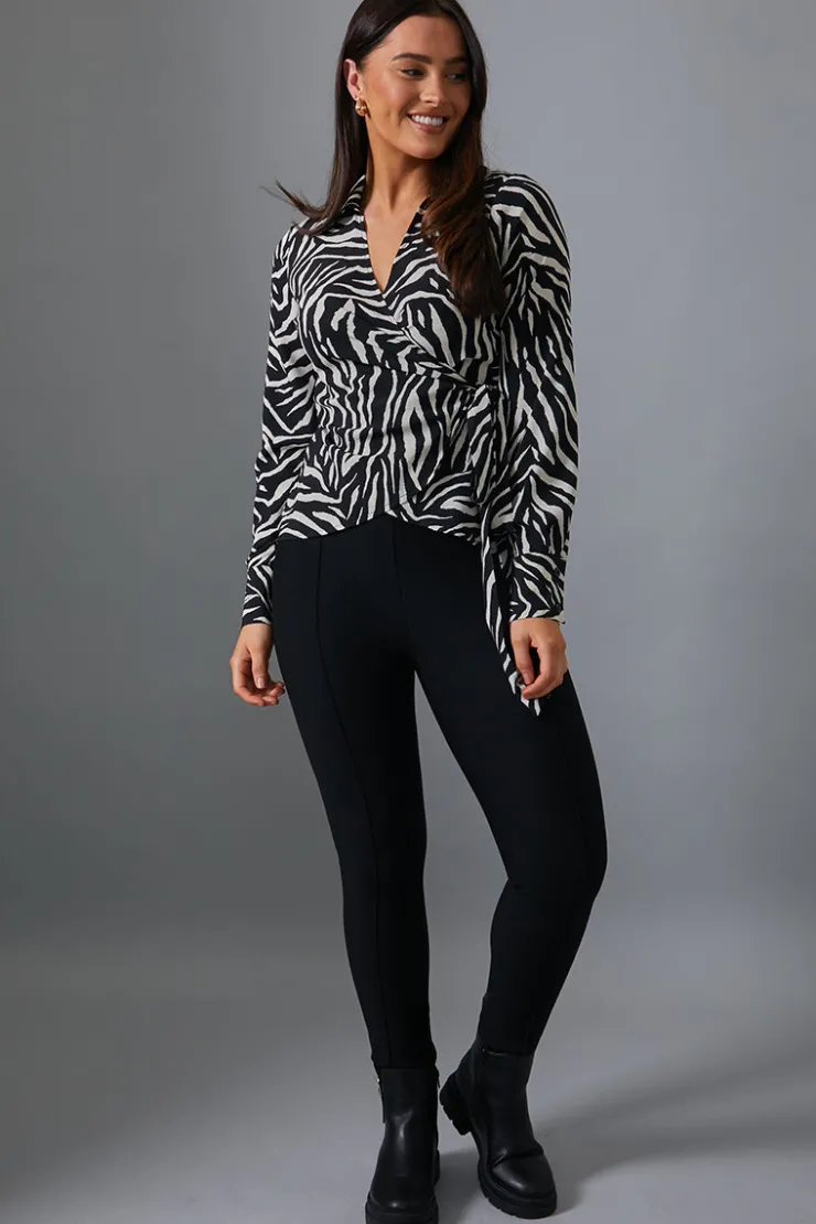 In The Style Zebra Print Wrap Front Shirt Black