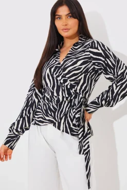 In The Style Zebra Print Wrap Front Shirt Black