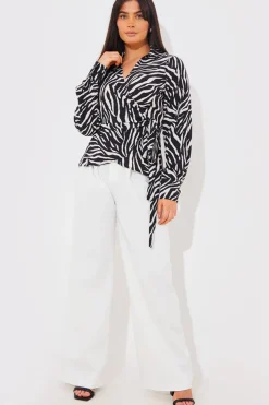 In The Style Zebra Print Wrap Front Shirt Black