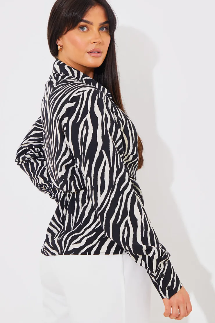 In The Style Zebra Print Wrap Front Shirt Black