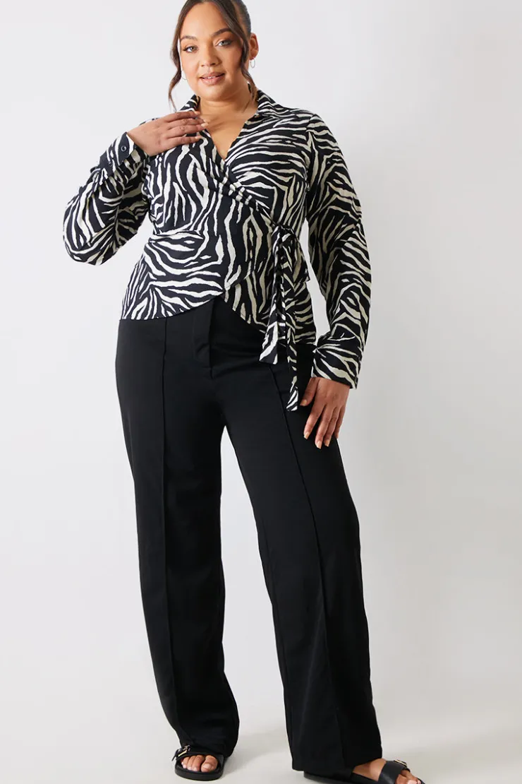 In The Style Zebra Print Wrap Front Shirt Black
