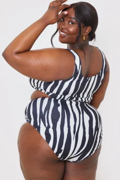 Discount In the Style Zebra Ruched Front Square Neck Bikini Top White