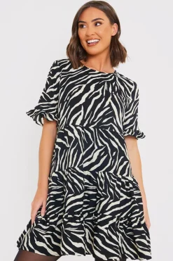 Outlet In the Style Zebra Smock Dress With Frill Sleeve Black