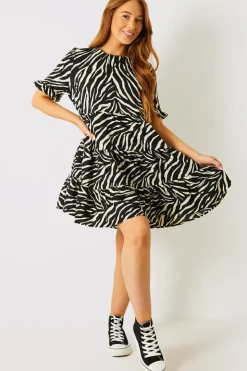 Outlet In the Style Zebra Smock Dress With Frill Sleeve Black