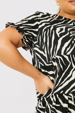 Outlet In the Style Zebra Smock Dress With Frill Sleeve Black