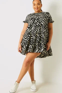 Outlet In the Style Zebra Smock Dress With Frill Sleeve Black