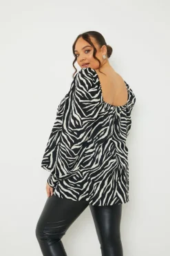 New In the Style Zebra Woven Balloon Sleeve Blouse Black