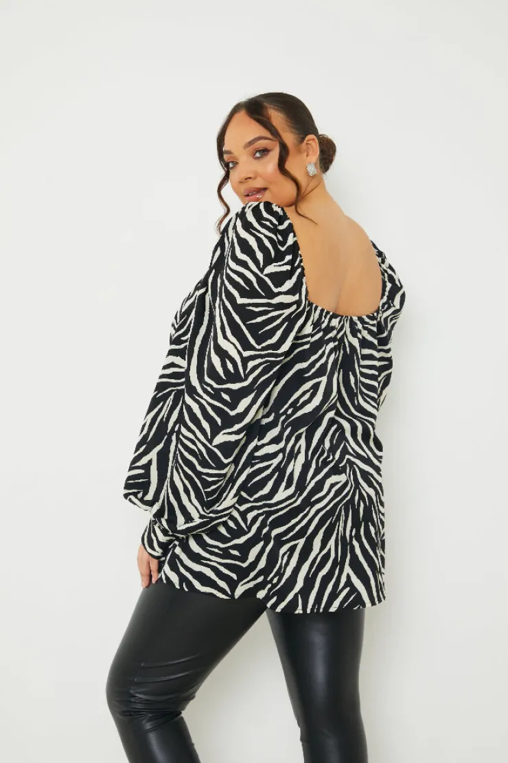 New In the Style Zebra Woven Balloon Sleeve Blouse Black