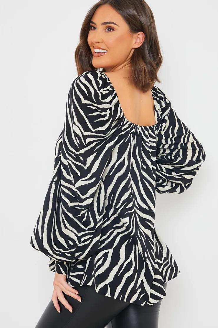 New In the Style Zebra Woven Balloon Sleeve Blouse Black