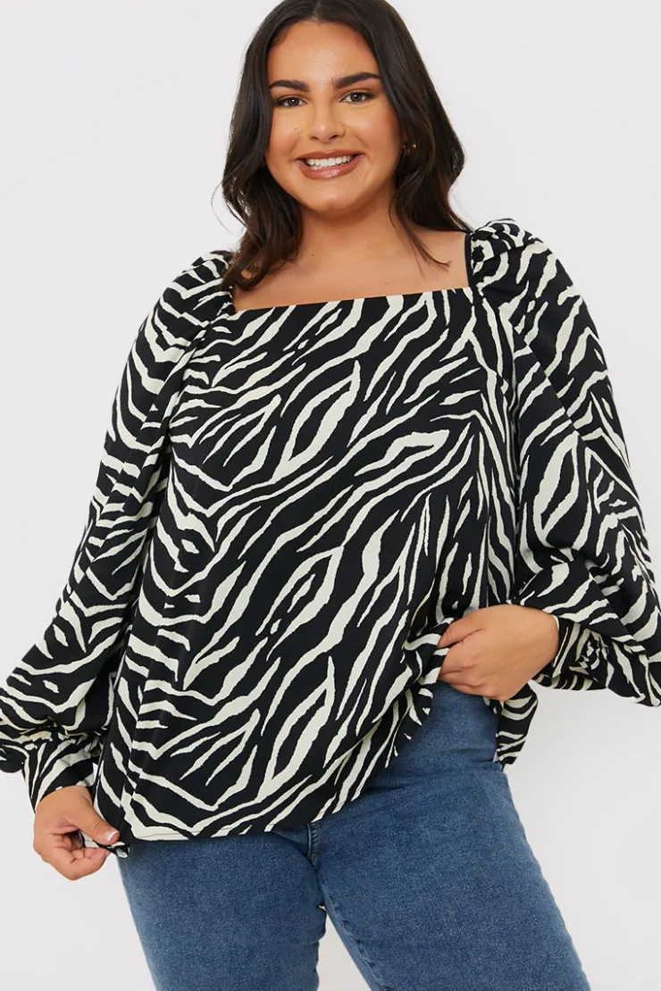 New In the Style Zebra Woven Balloon Sleeve Blouse Black