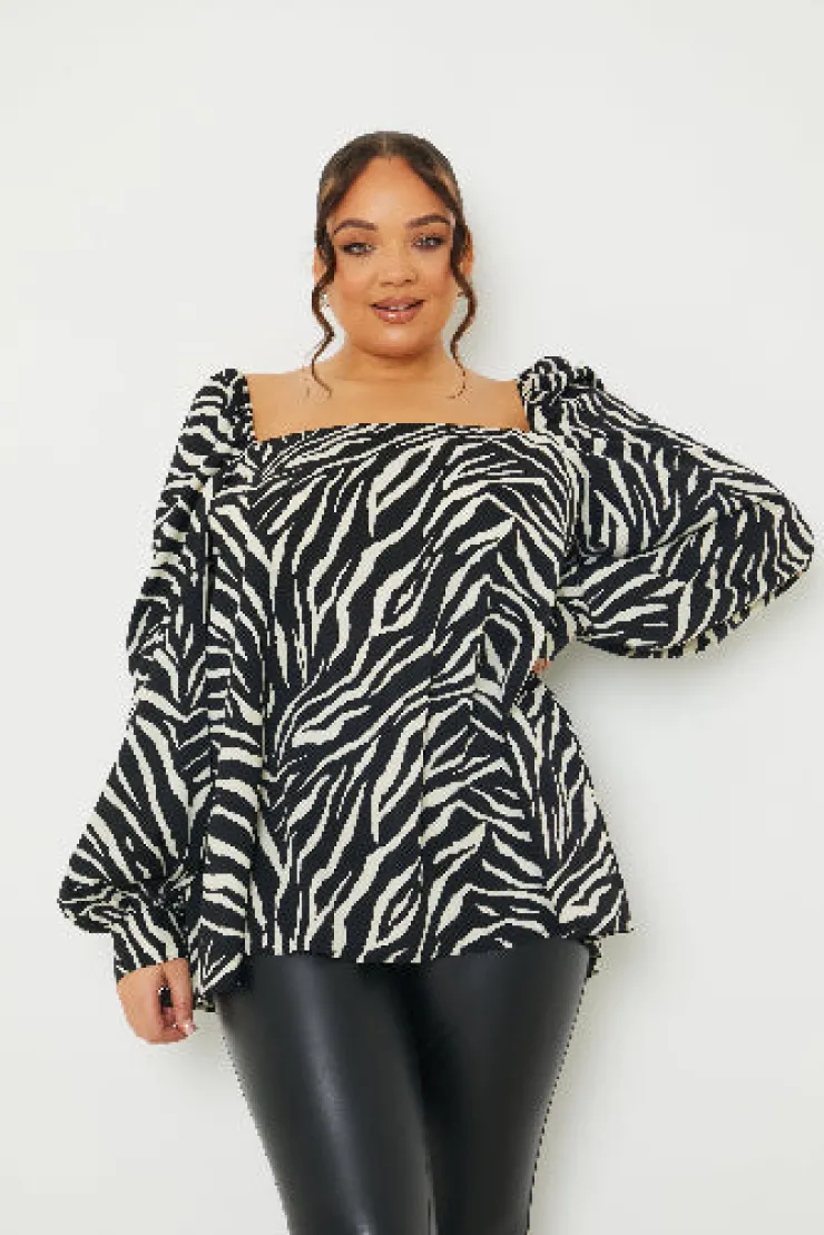 New In the Style Zebra Woven Balloon Sleeve Blouse Black
