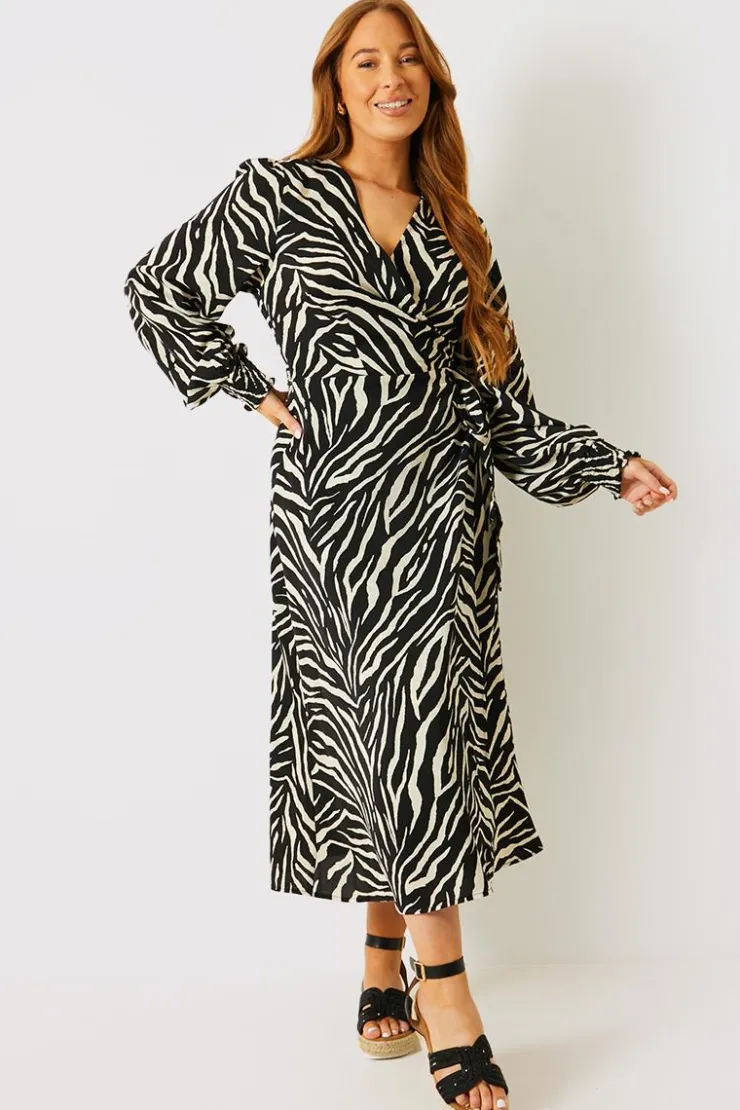 In the Style Zebra Woven Printed Wrap Midi Dress Black