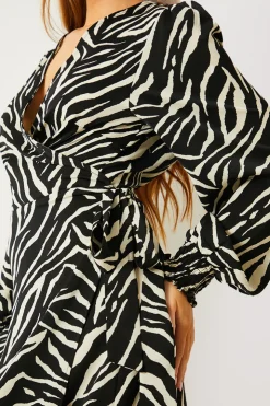 In the Style Zebra Woven Printed Wrap Midi Dress Black