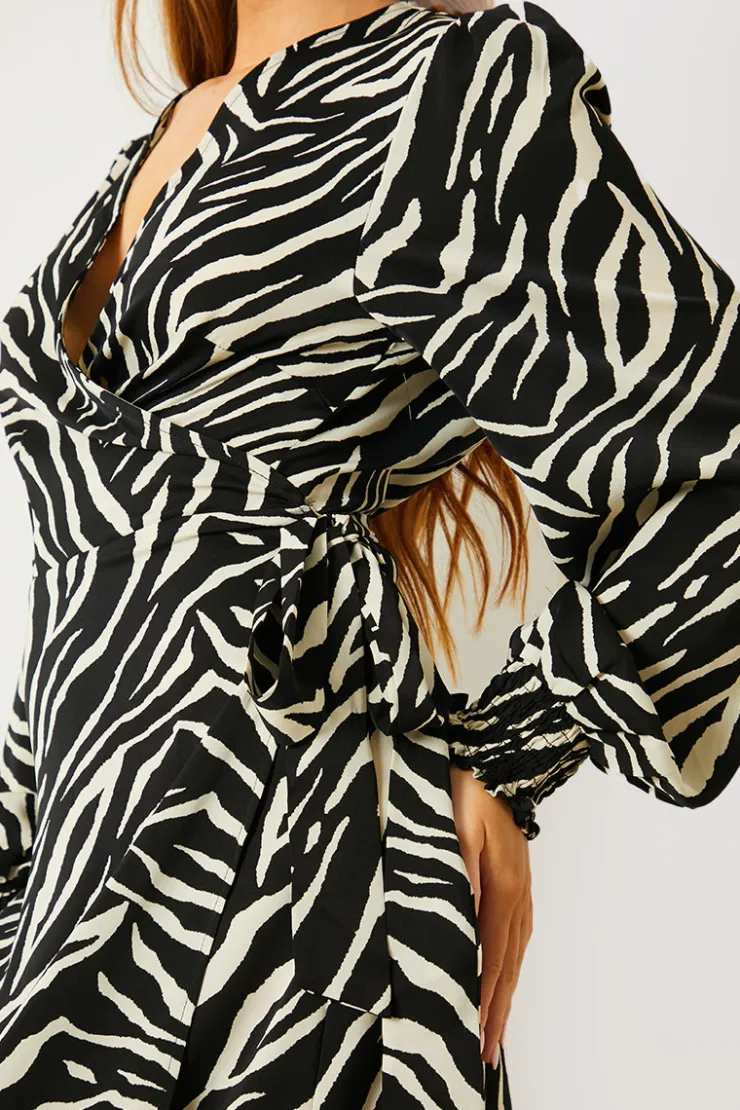 In the Style Zebra Woven Printed Wrap Midi Dress Black