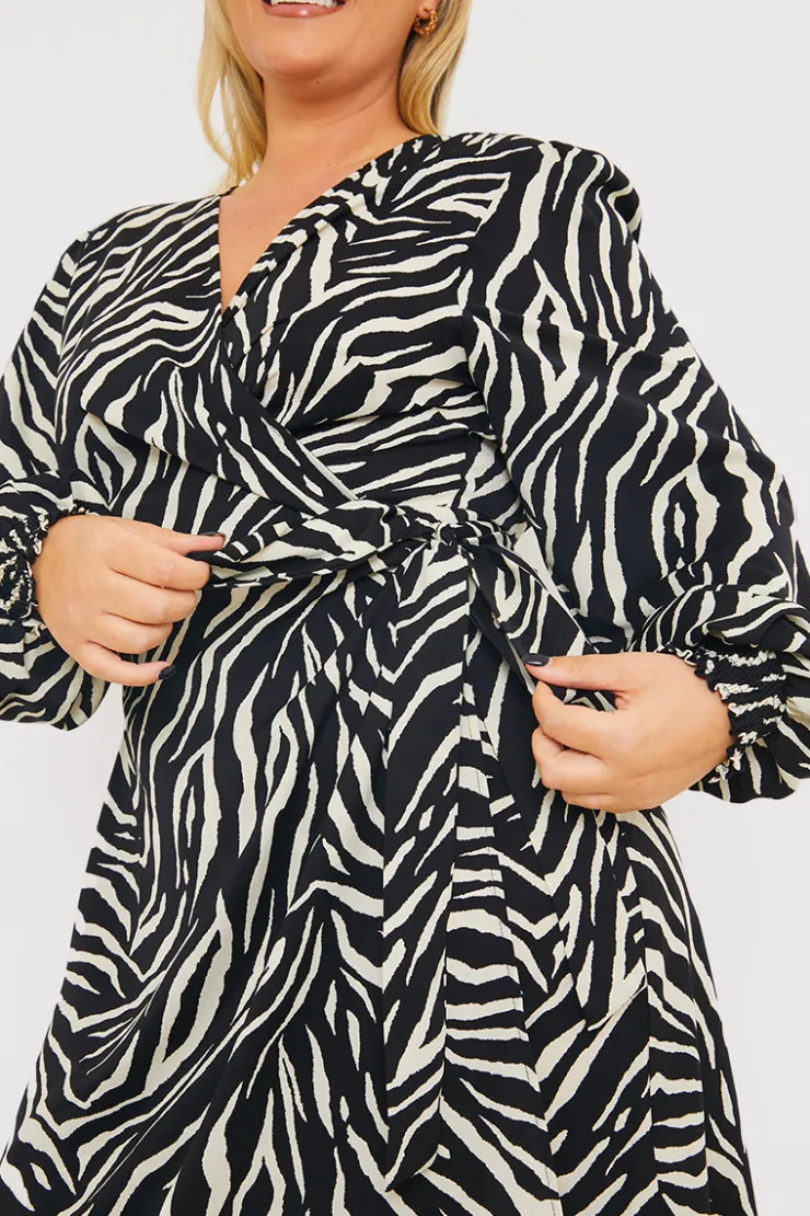 In the Style Zebra Woven Printed Wrap Midi Dress Black