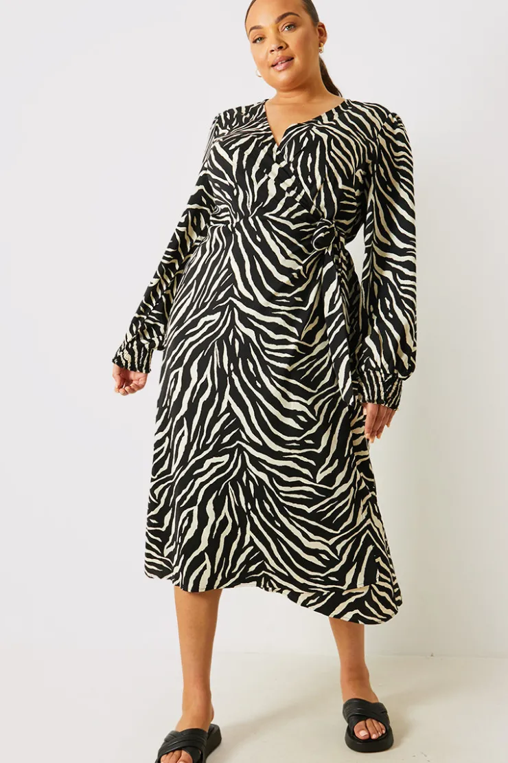 In the Style Zebra Woven Printed Wrap Midi Dress Black