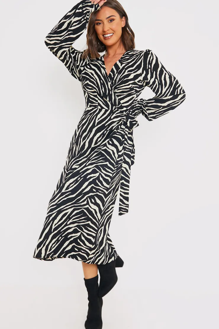 In the Style Zebra Woven Printed Wrap Midi Dress Black